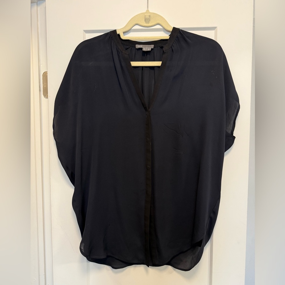 Vince Navy Dolman Sleeve Blouse with Black Trim and Mandarin Collar
